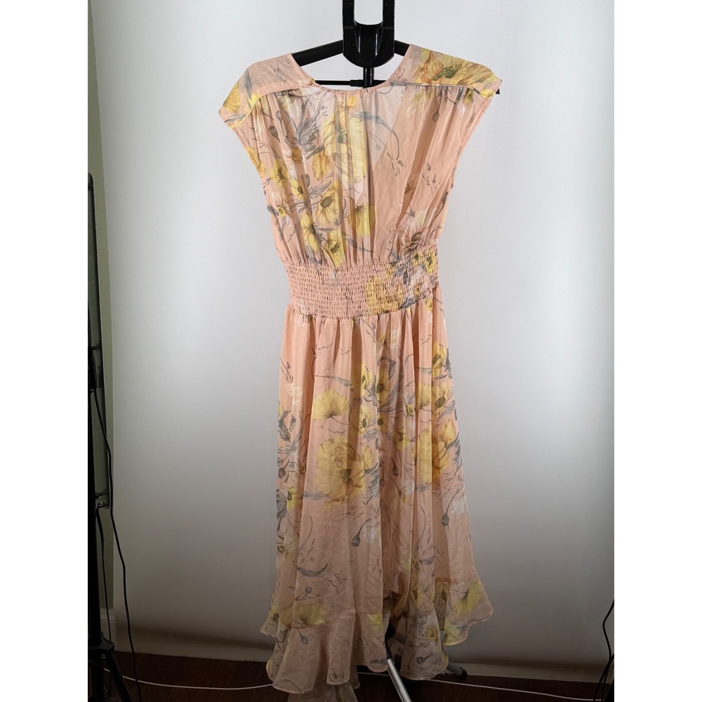 H&M Peach Floral Chiffon Maxi Dress Smocked Waist High Low Hem Pink Yellow US 2 - Picture 2 of 8